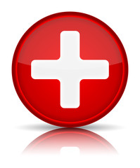 First aid medical button sign with reflection isolated on white.
