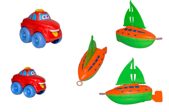 Set of toys, the yacht and cheerful taxi.