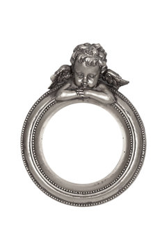 Oval baroque silver frame with cupid isolated on white.