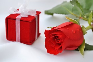 Red rose and red gift box on white silk