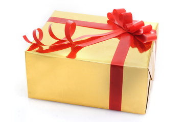 Gift box with red tape on white background