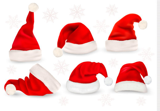 Big collection of red santa hats. Vector.