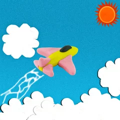 Gordijnen Clay straaljager op bluesky met zon en cloud © warapatr_s