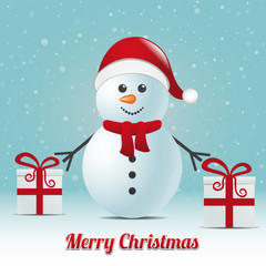 snowman gift snowy winter background merry christmas