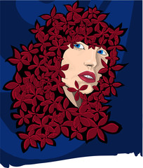 Portrait of a passionate woman with flowers for hair. Handwork