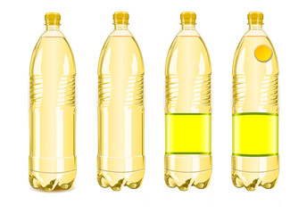 Four yellow plastic bottles with labels