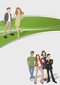 Green template for advertising brochure with cartoon people