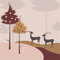 Two deers in forest - vector background