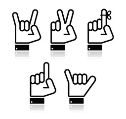 Hand vector gestures, signals and signs - victory, rock, point