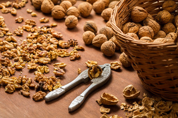 Walnuts on old wooden table