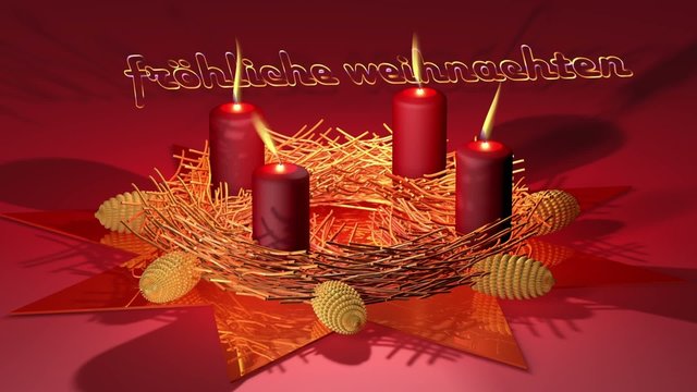 brennende Kerzen mit Fr&ouml;hliche Weihnachten Schriftzug