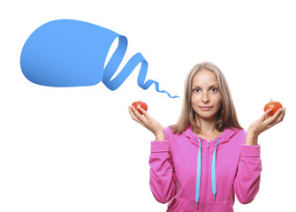 Naklejka premium Woman with tomatoes, isolated on white