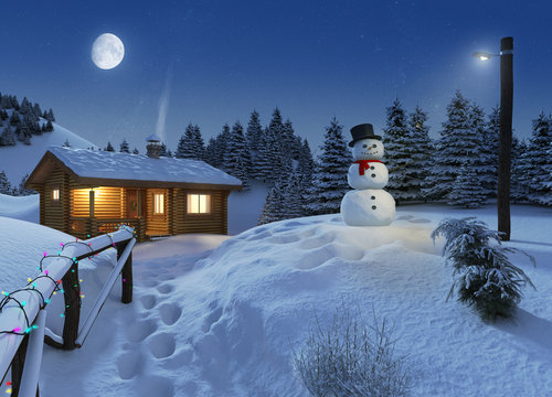 Log House In A Winter Christmas Scene