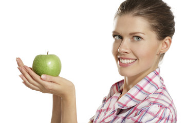 young woman showing apples