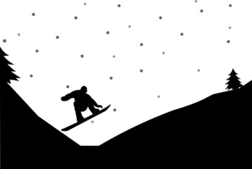 Man on snowboard in winter in mountain silhouette