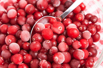 frozen red cranberry in bowl on napkin
