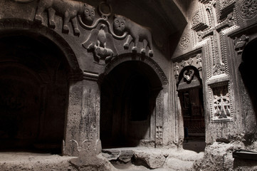 Jhamatun or first rock-cut chamber of Geghard monastery, Armenia