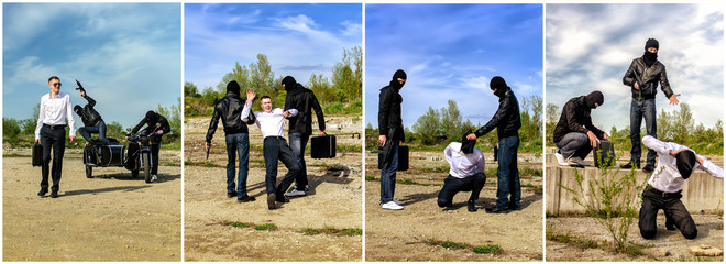 Kidnapping story. Collage made of four photos.