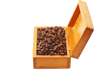 Coffee beans in a wooden box isolated