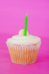 white cupcake with candle focus on cake