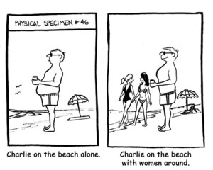 Charlie on the beach with women around