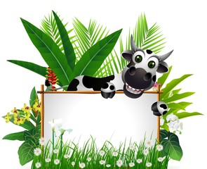 cute cow cartoon with blank sign and tropical forest