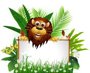 funny lion with blank sign and tropical forest
