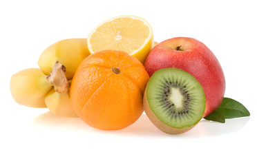 fresh tropical fruits and slices isolated on white