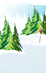 Snowman in a snow covered pine forest