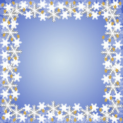 青い背景と雪の結晶のフレーム