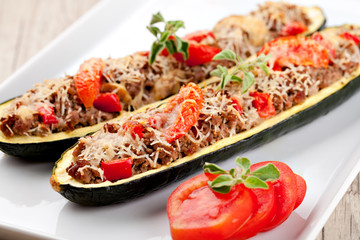 Zucchini halves stuffed with minced meat