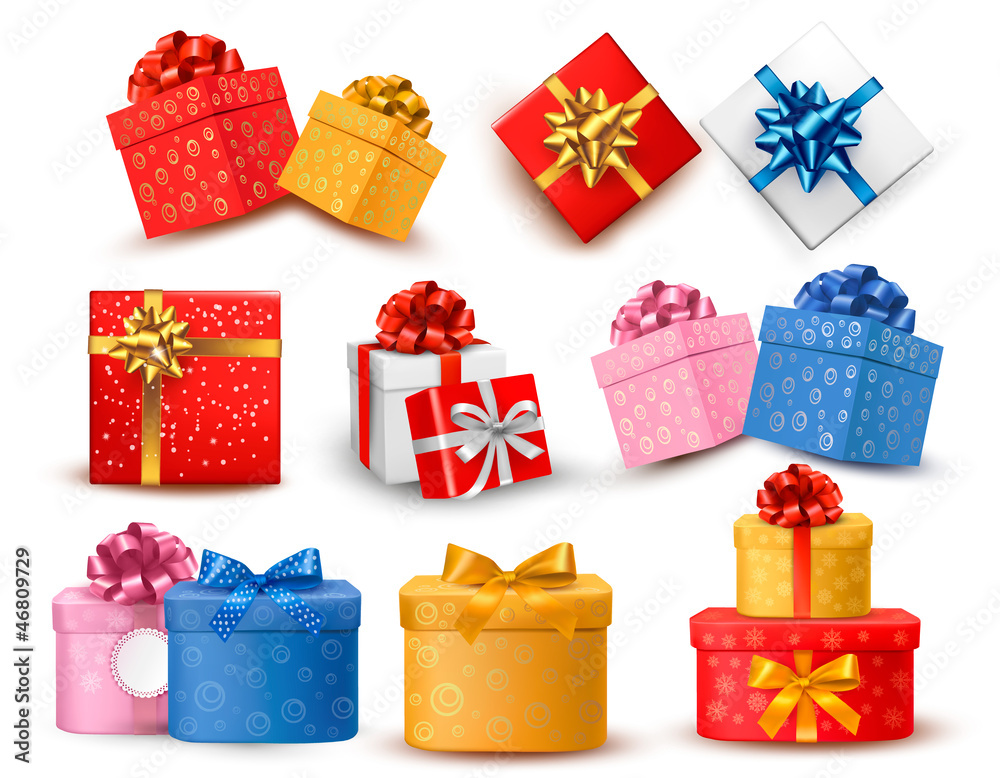 Poster set of colorful gift boxes with bows and ribbons. vector illustr
