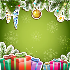 Green background with Christmas gifts