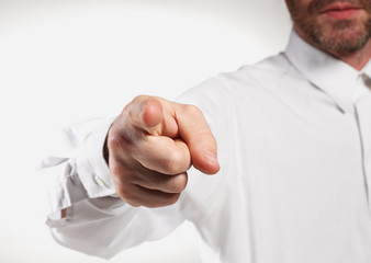 index finger into lens on white background