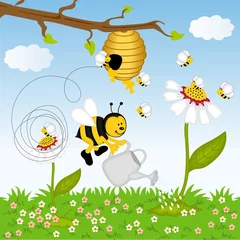 Foto auf Leinwand Biene gießt Blume im Wald © soniagoncalves