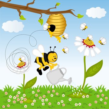 Bee watering flower in the forest