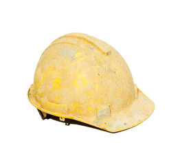 Dirty yellow hard hat on white background.