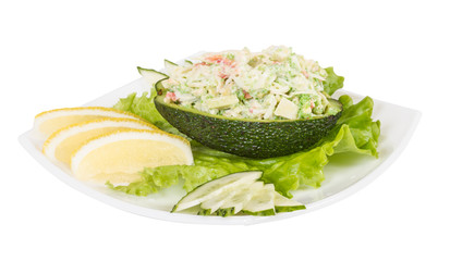Crab meat salad with green caviar in avocado - japan cusine