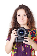 a pretty girl with camera isolated