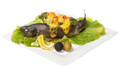 trout fish baked with shrimps and cauliflower