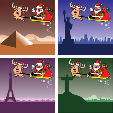 Christmas cards, Santa and deer in Egypt, USA, France, Brazil