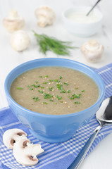 Bowl of mushroom soup with fresh mushrooms and dill close up