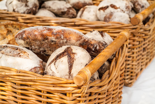 Fresh baked bread in baskets