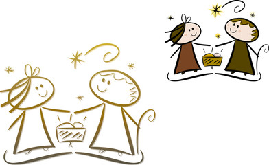 Obraz premium Cartoon-Krippenszene: Maria, Josef und Jesuskind (Set)