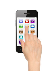 Hand pushing icon on smart phone on white background