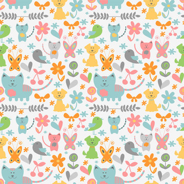Cute childish seamless pattern with baby animals