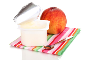 Yogurt with peach isolated on white