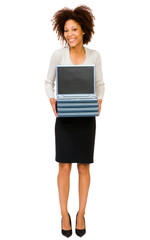Portrait of a woman holding laptops