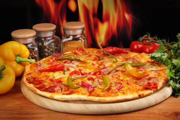 Tasty pepperoni pizza with vegetables