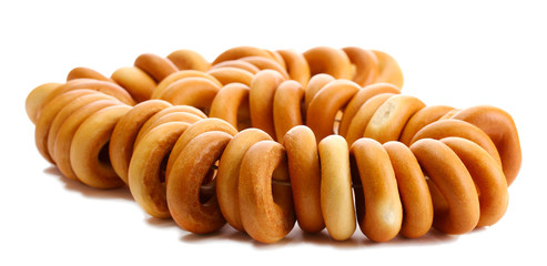 tasty bagels on rope, isolated on white